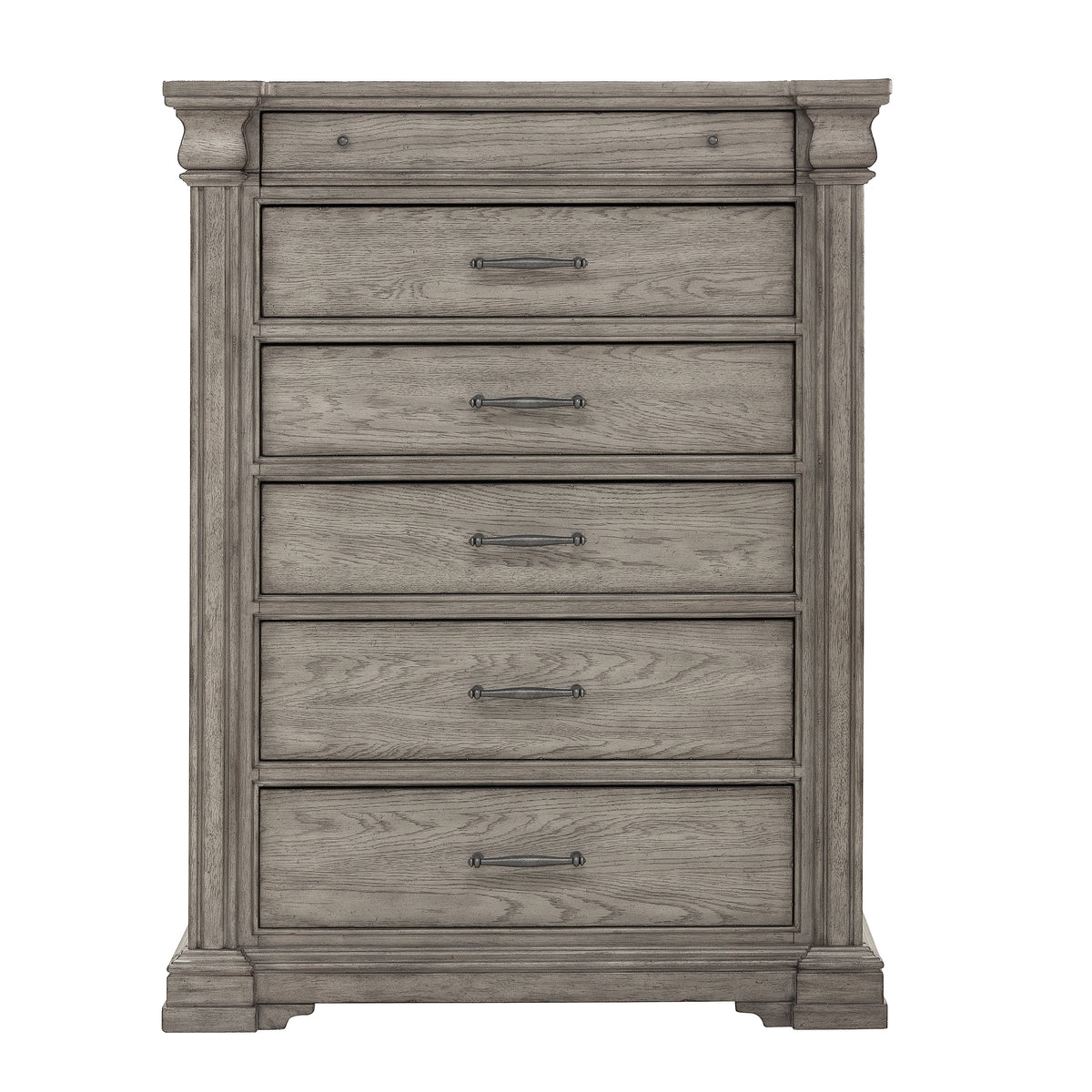 a wooden dresser with metal handles