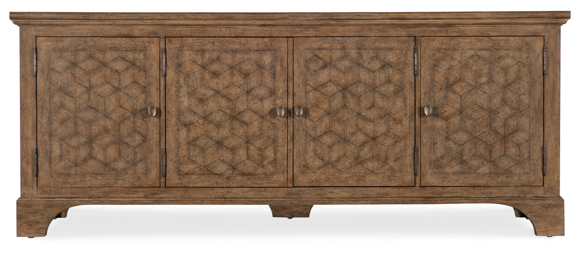 a brown wooden cabinet with a pattern on it