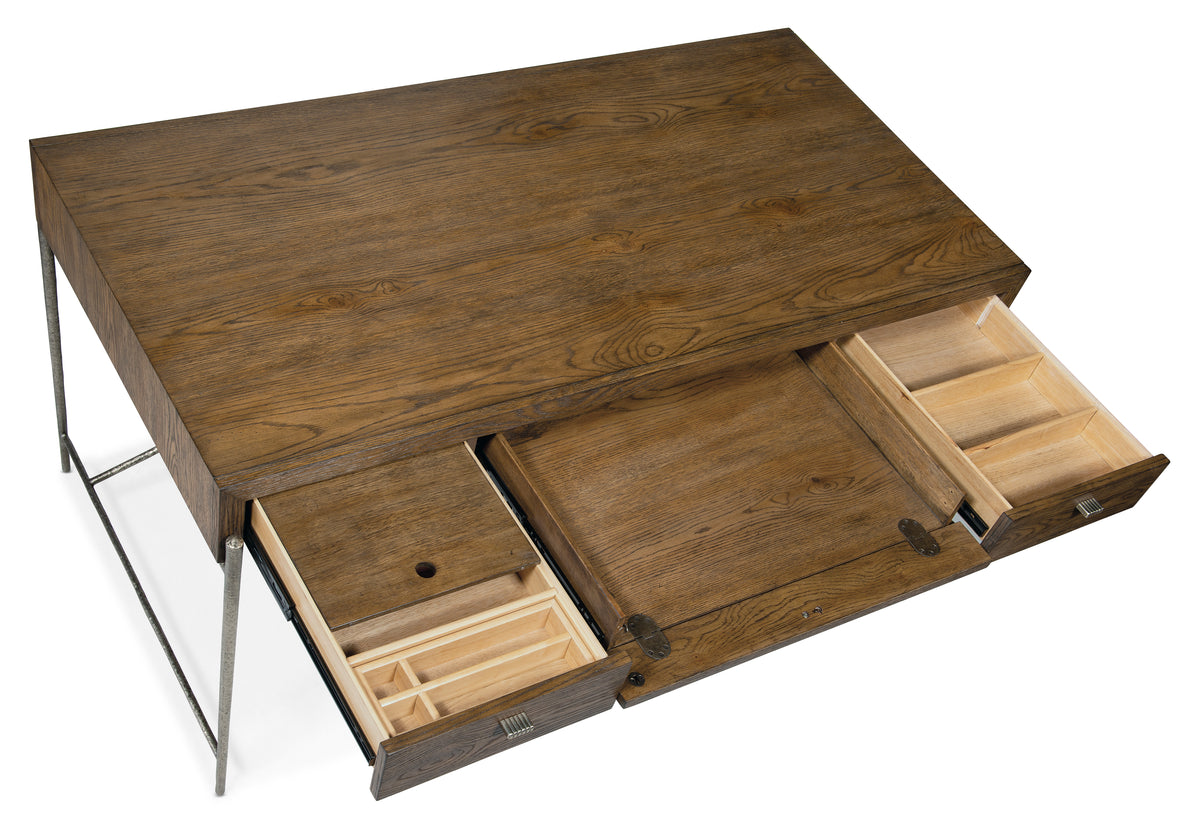 a wooden table with drawers