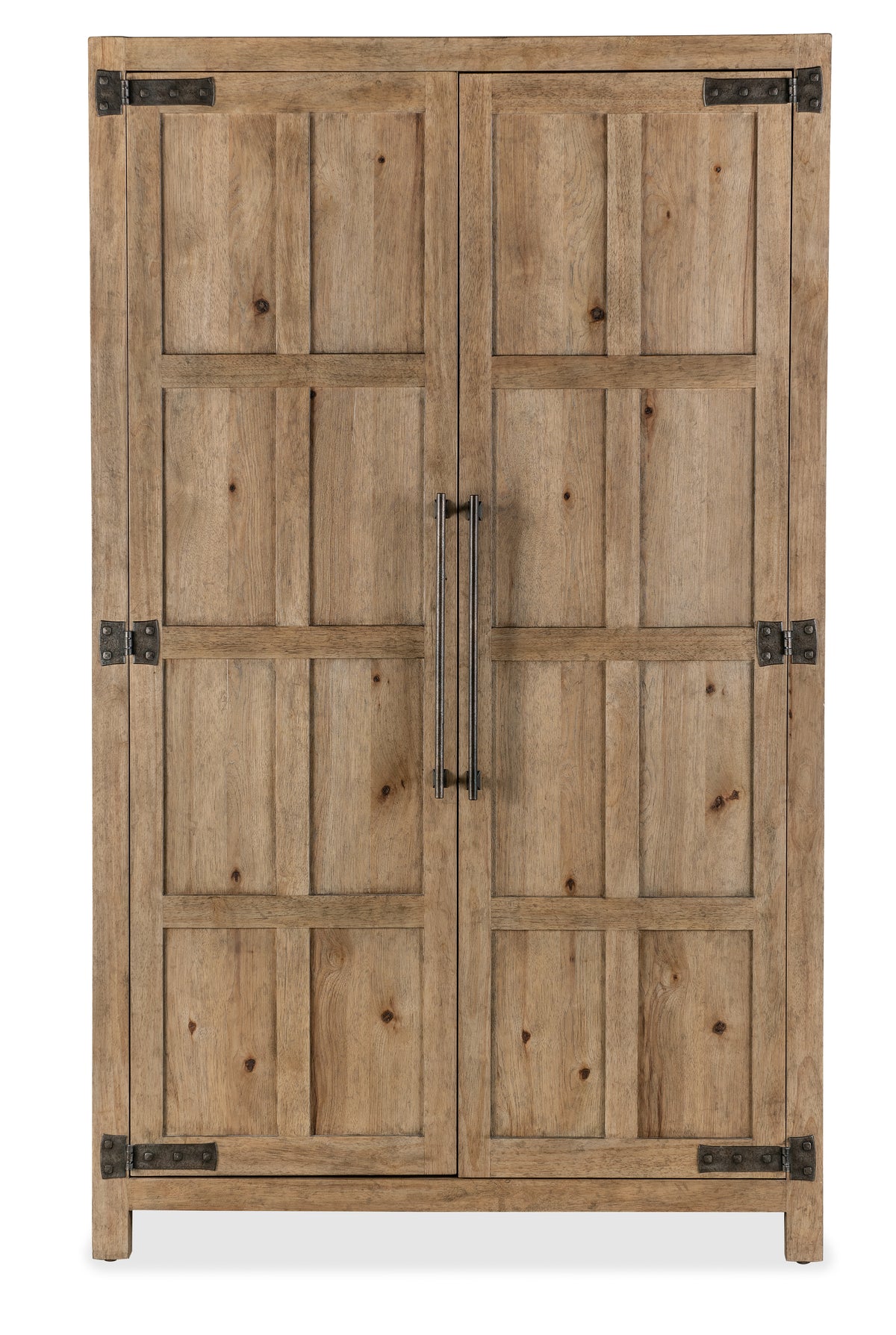 a wooden cabinet with metal handles