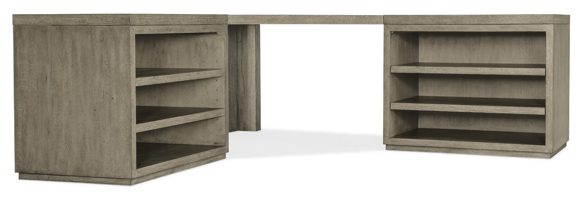 a wooden desk with shelves