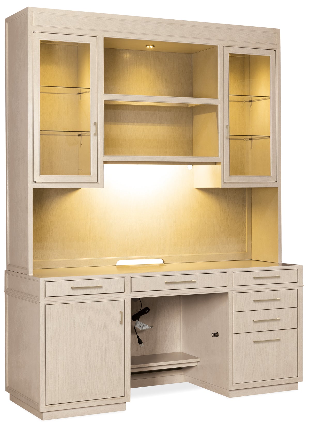 a white desk with glass doors