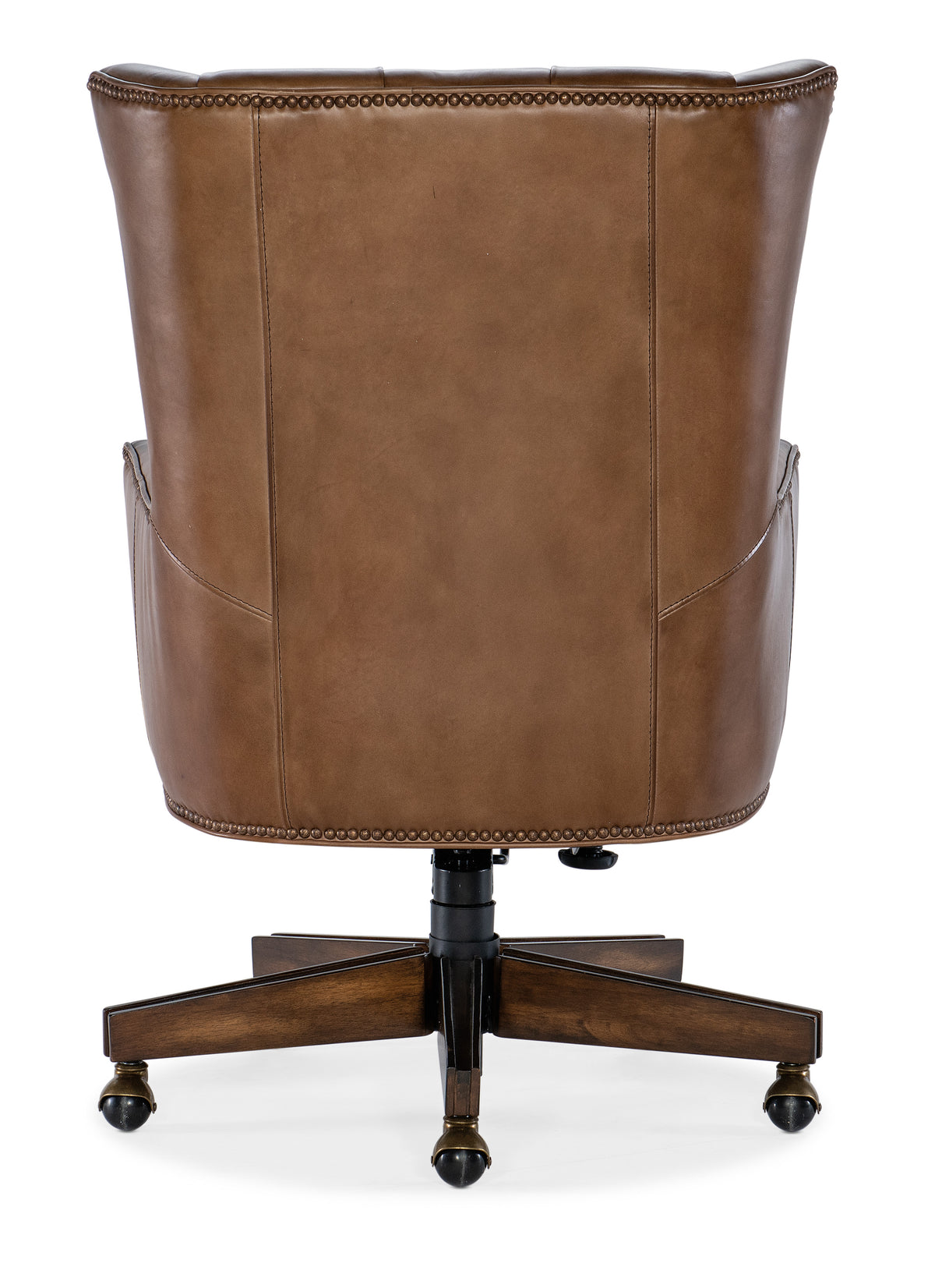 a brown leather chair with wheels