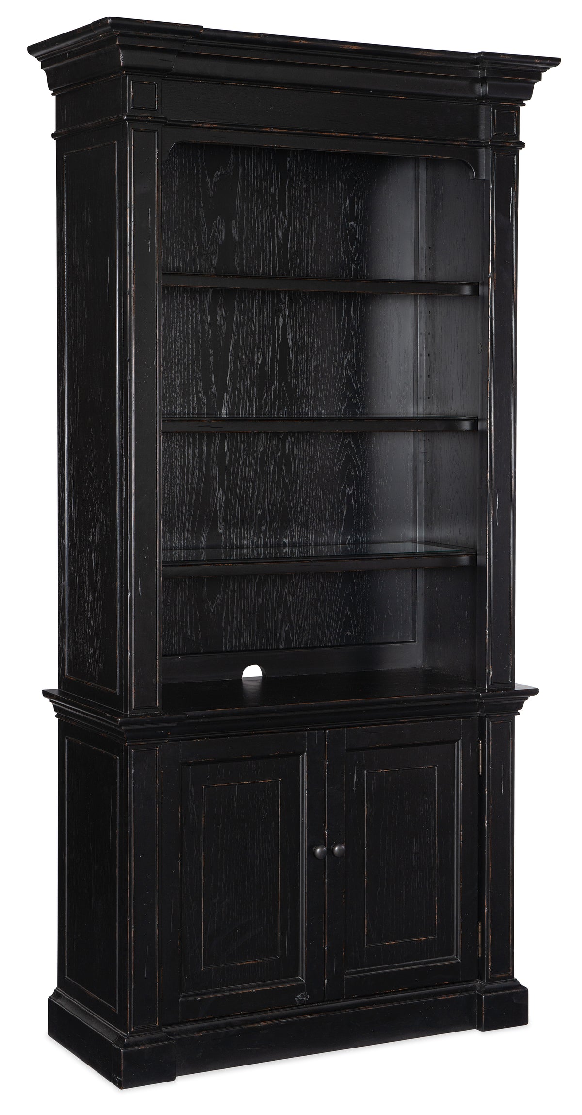 a black bookcase with two shelves