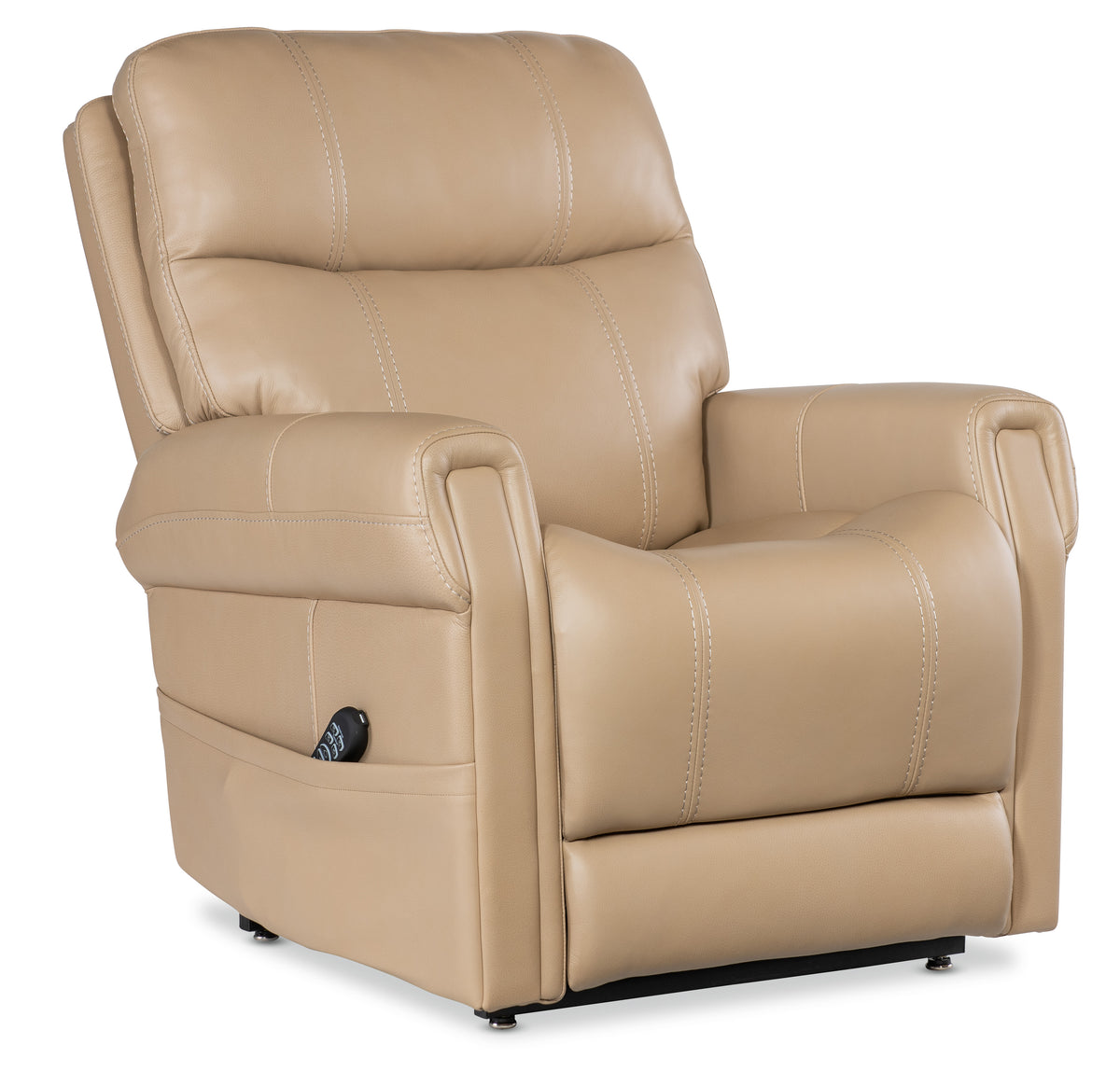 a tan recliner with a remote control
