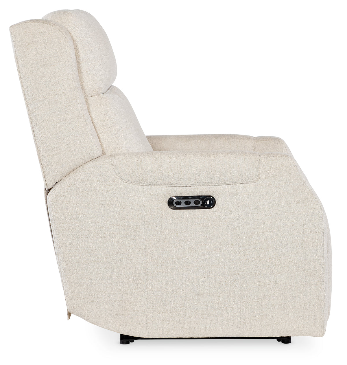 a white recliner with a black handle