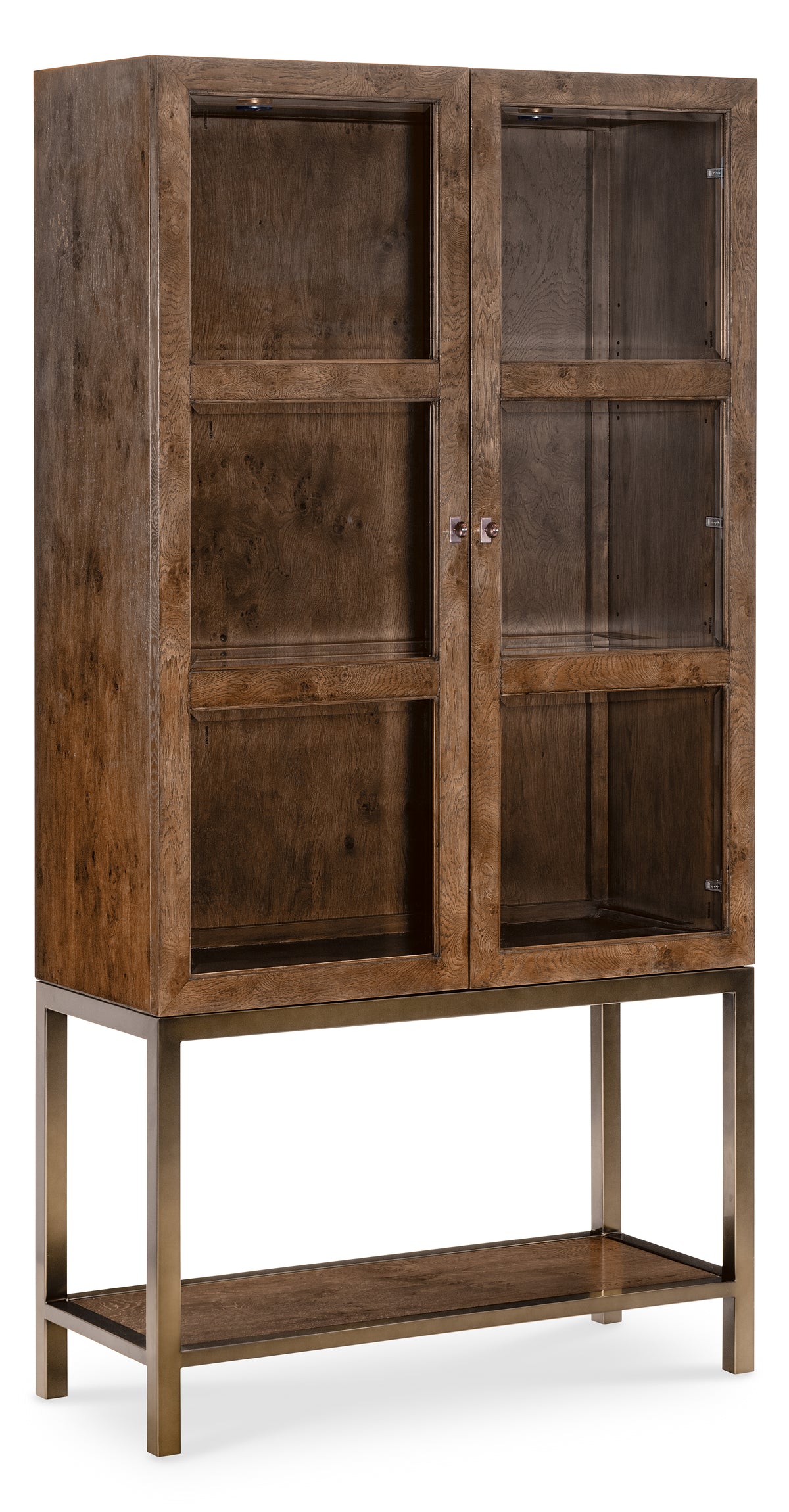 a wood cabinet with glass doors