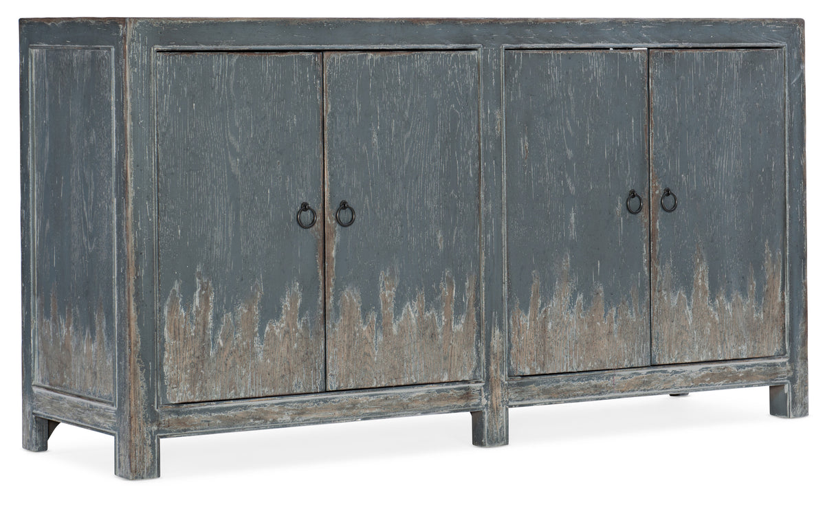 a grey cabinet with black handles
