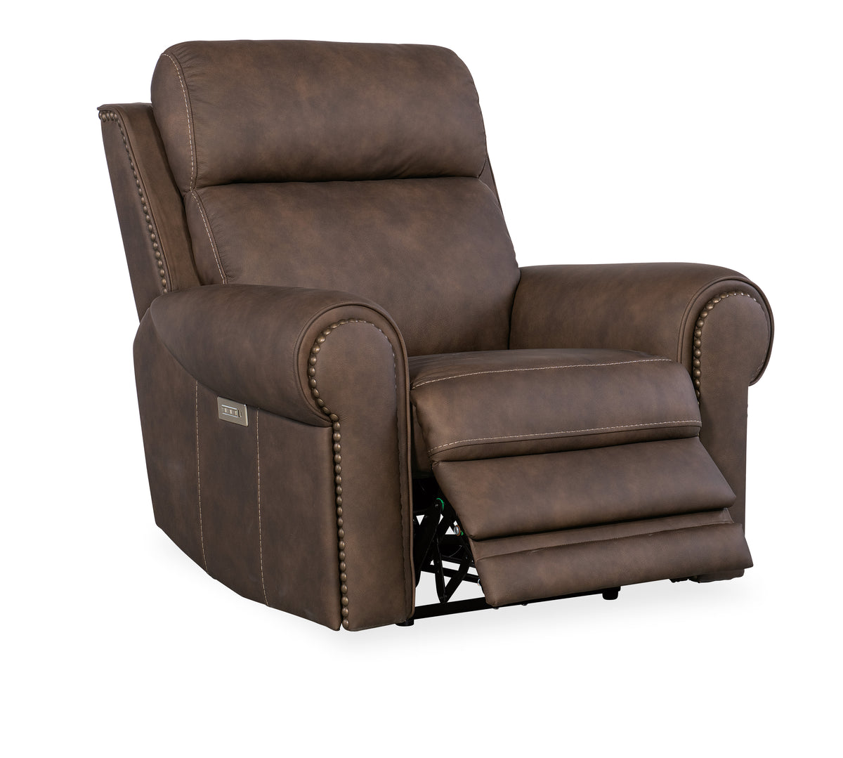 a brown recliner with white stitching