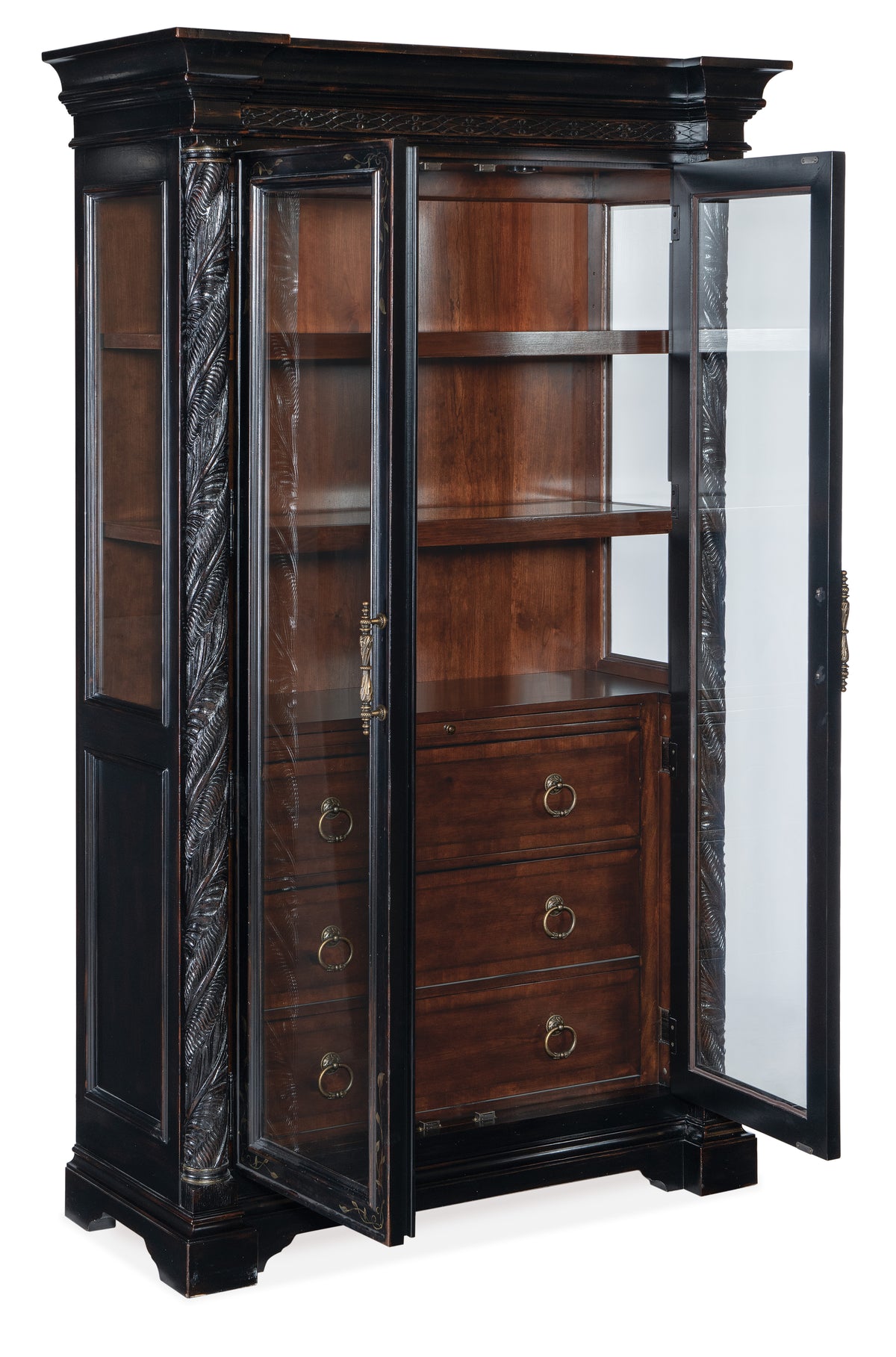 a wooden cabinet with glass doors