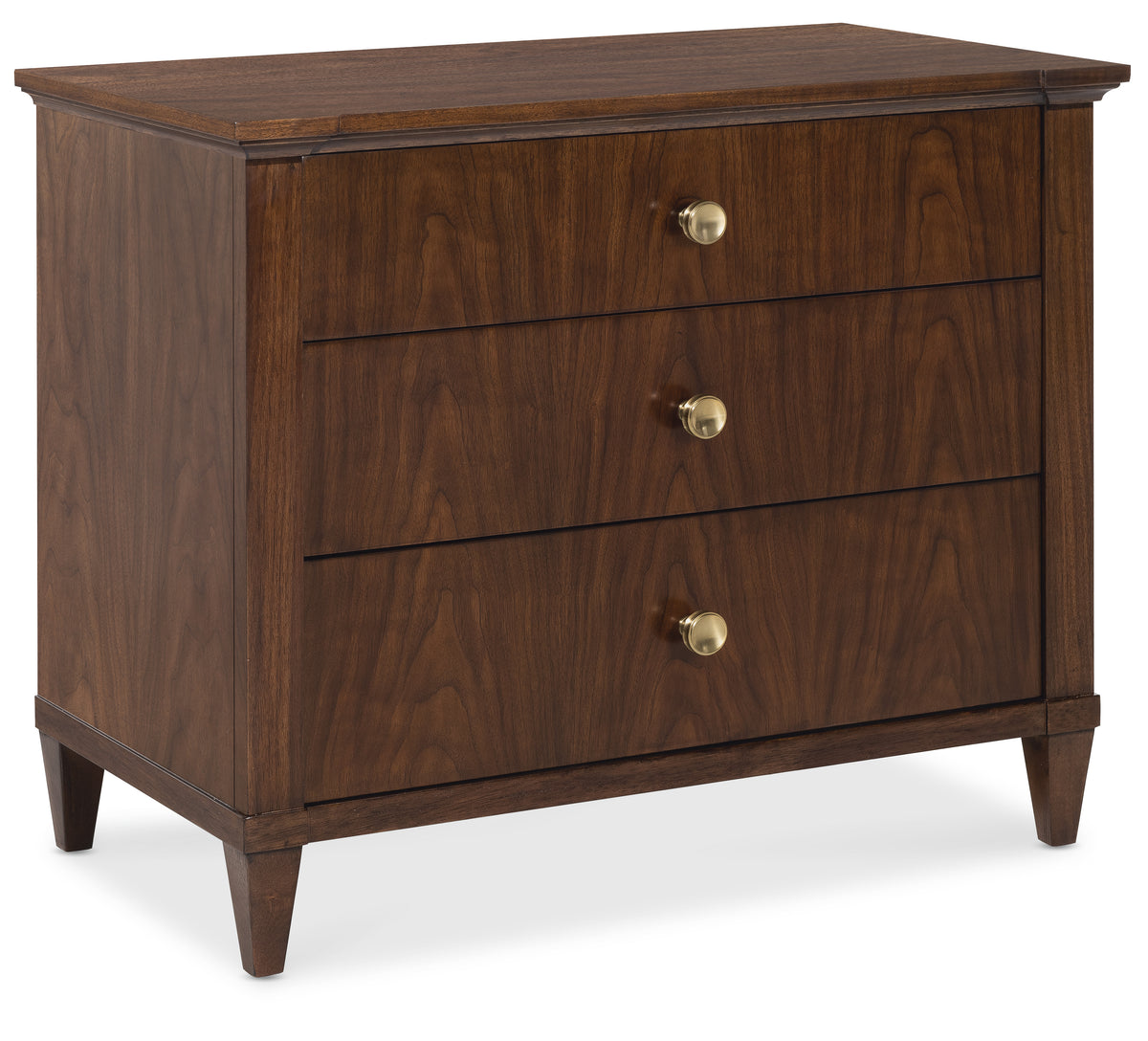 a brown dresser with gold knobs