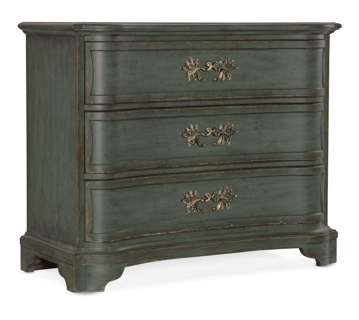 a green dresser with gold handles