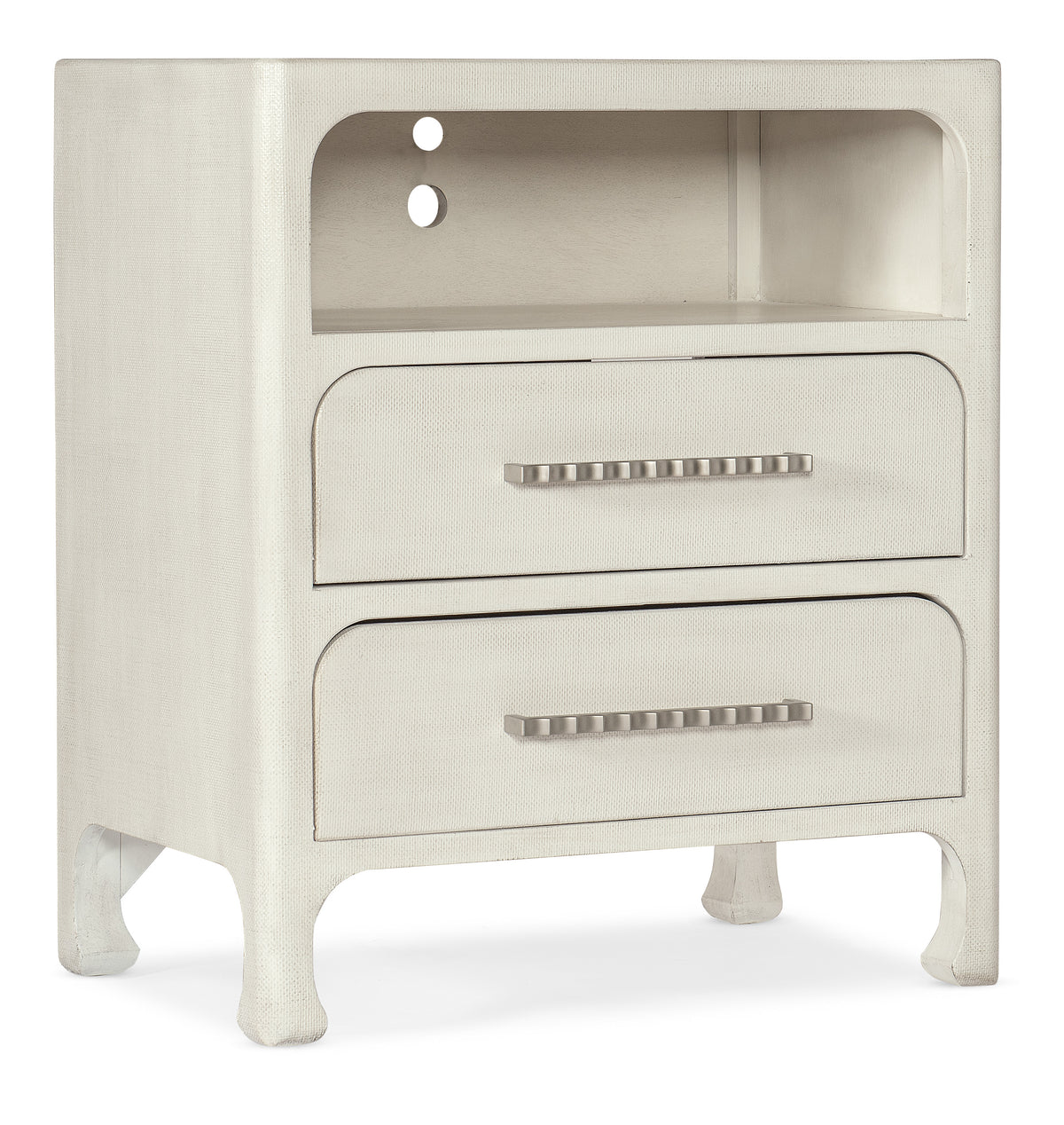 a white nightstand with a shelf