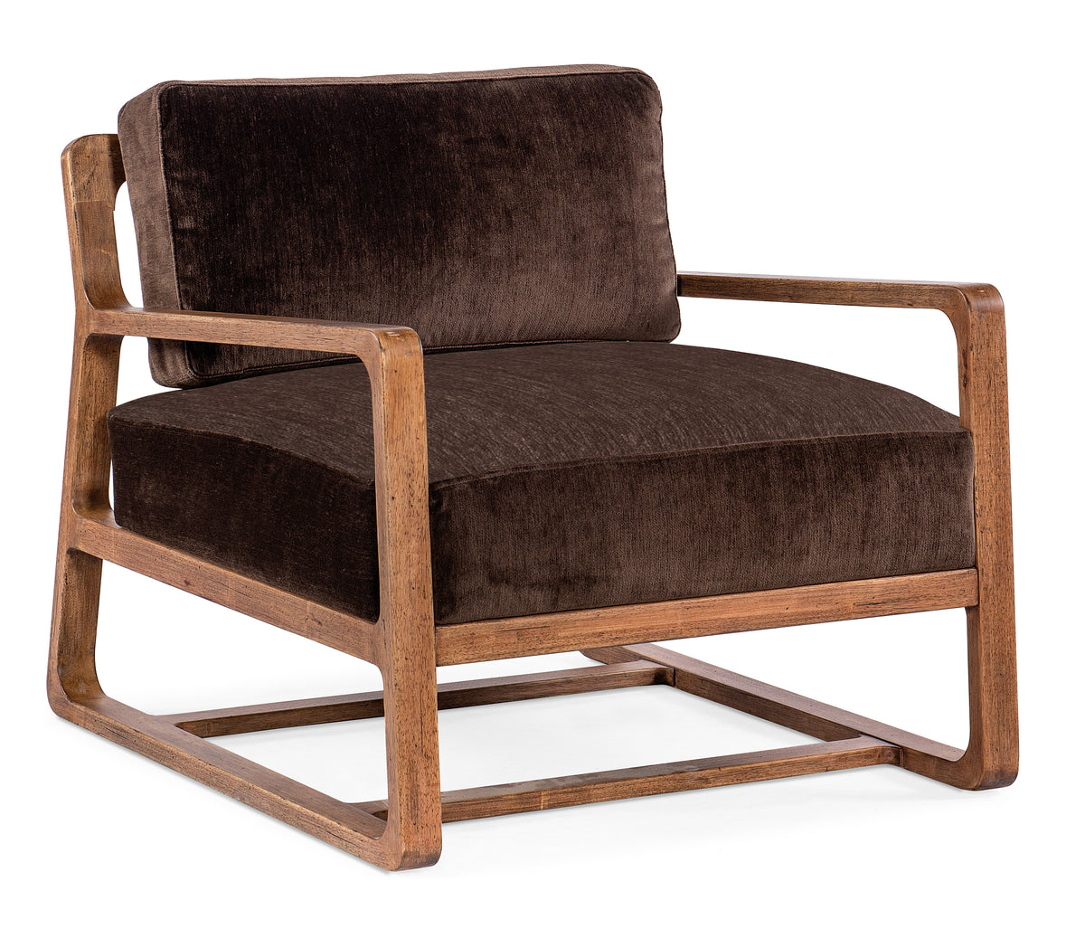 a brown chair with wooden arms