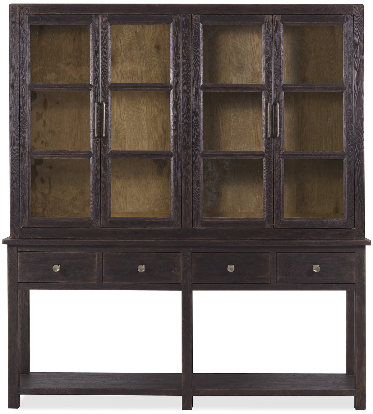 a wooden cabinet with glass doors
