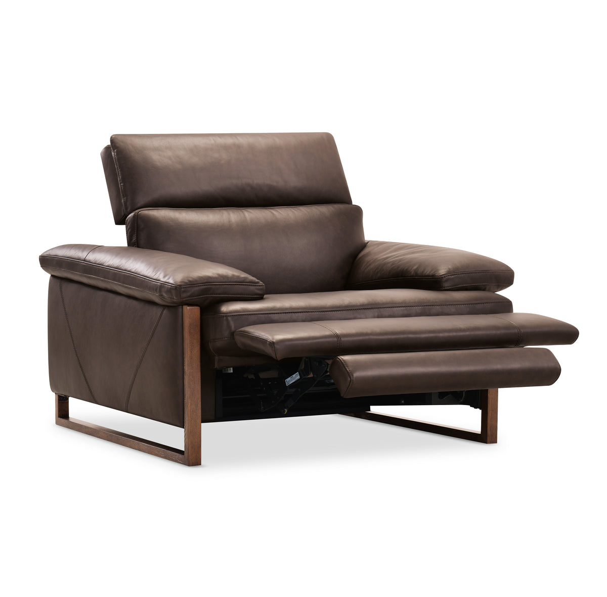 a brown leather recliner with wooden legs