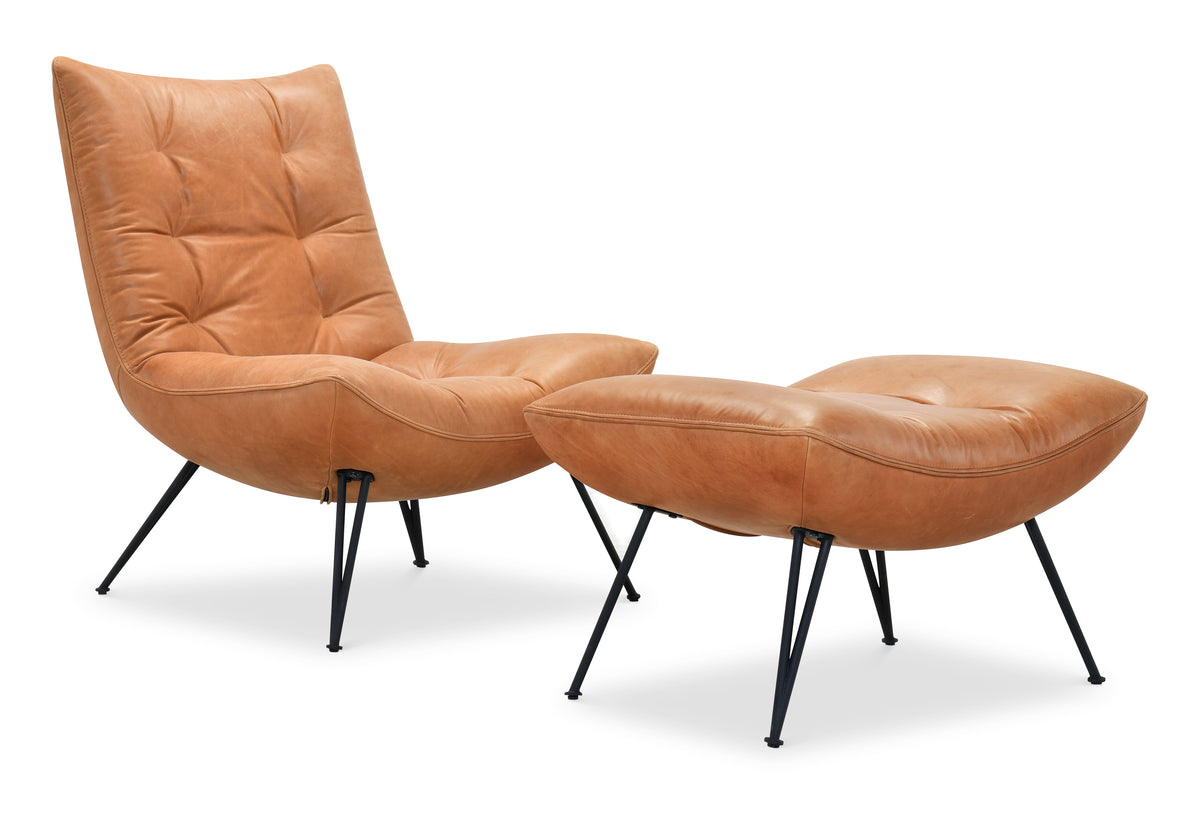 a brown leather chair and ottoman