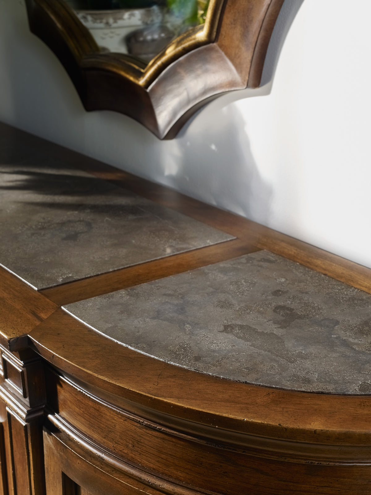 a wooden table with a stone top