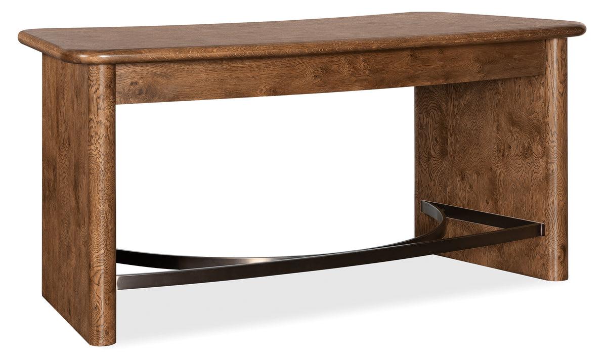 a wooden table with a metal leg