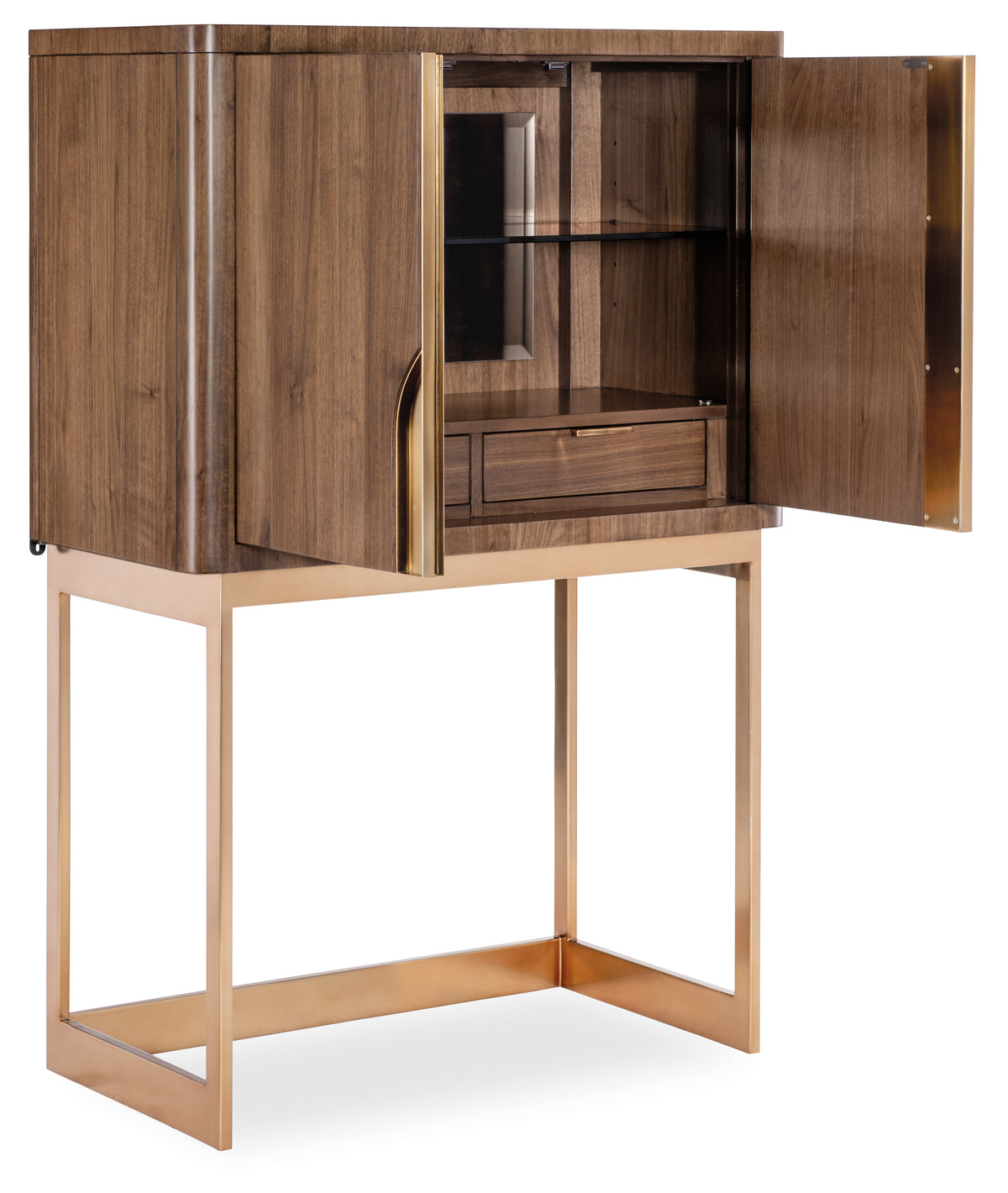 a wood cabinet with a glass door