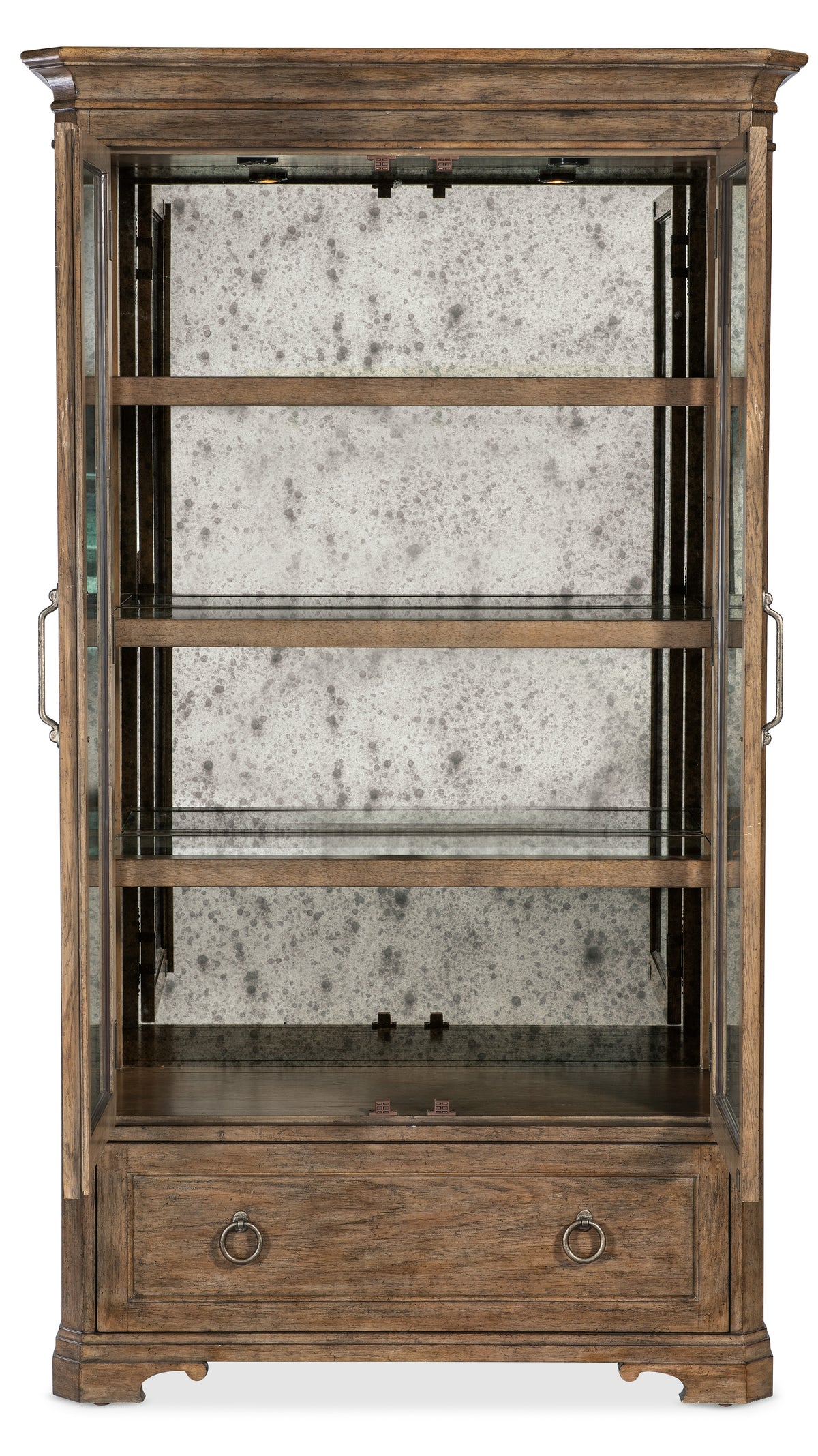 a glass cabinet with a mirror on the top