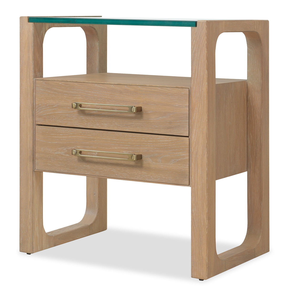 a wooden nightstand with a green top