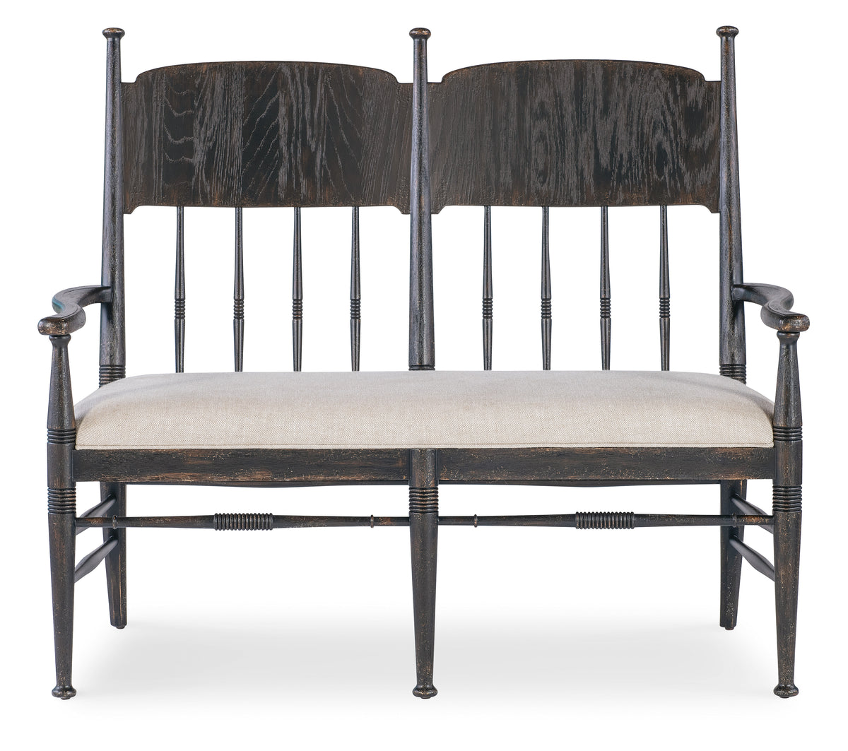 a wooden bench with two backrests