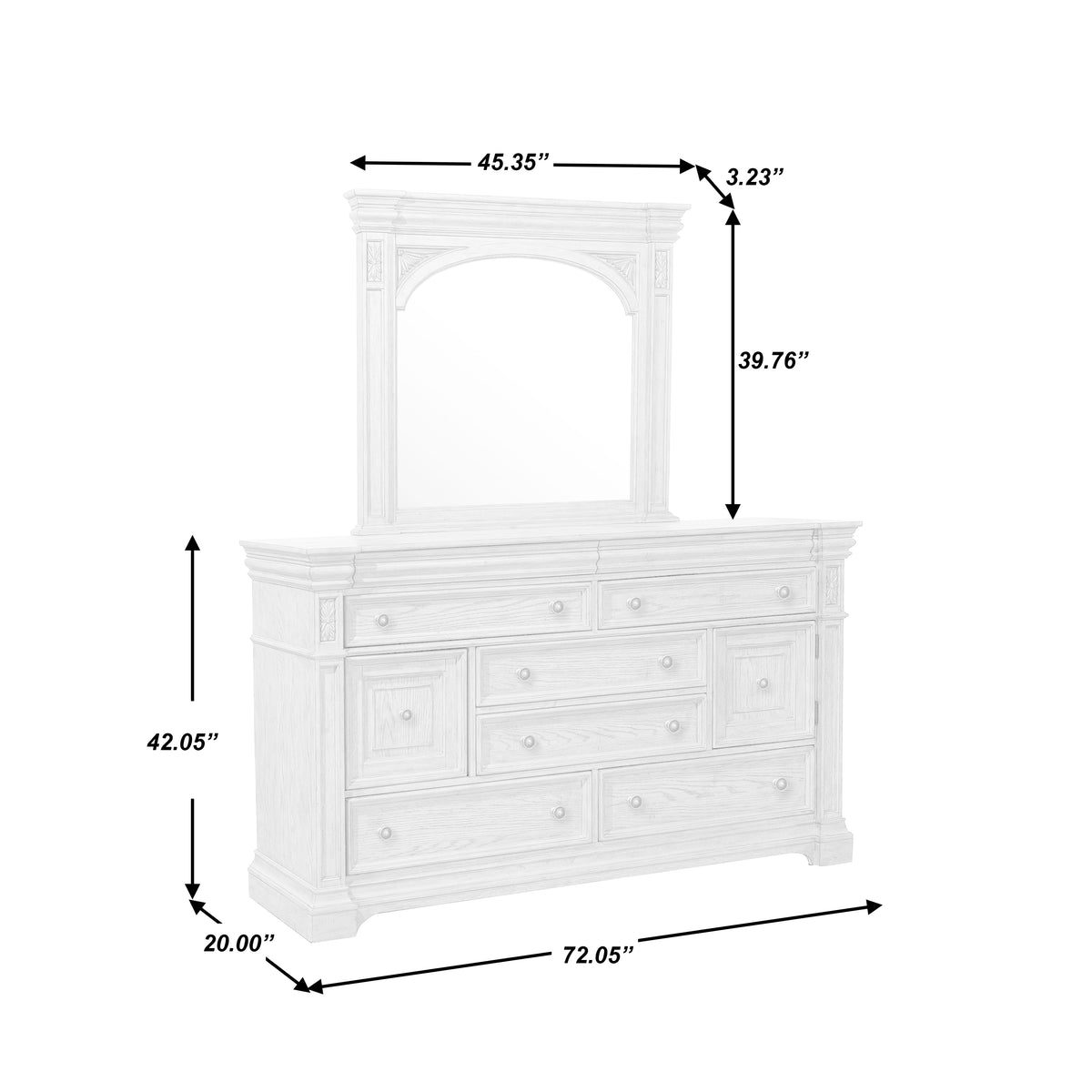 a white dresser with a mirror and a mirror