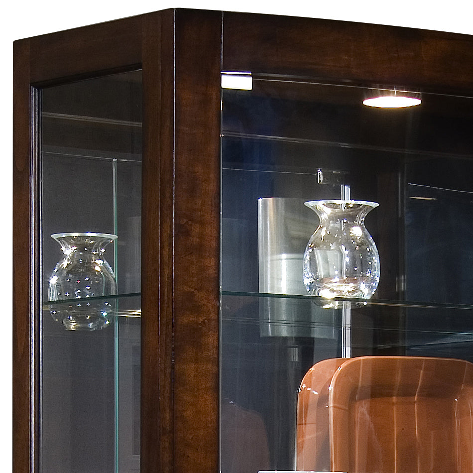 a glass cabinet with a glass vase on top