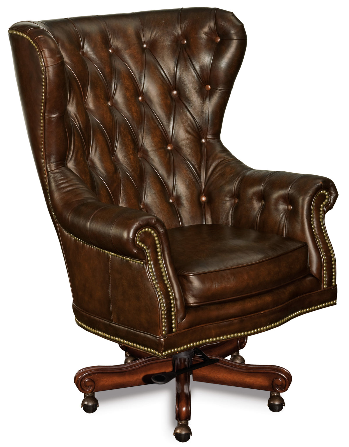 a brown leather chair with gold studs