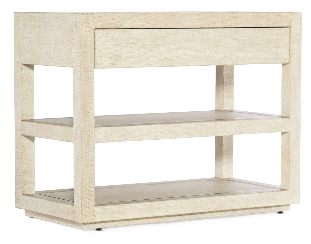 a white table with a drawer