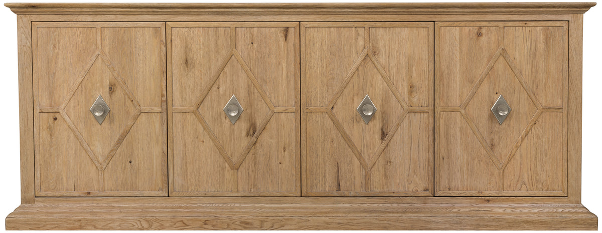 a wooden cabinet with silver handles