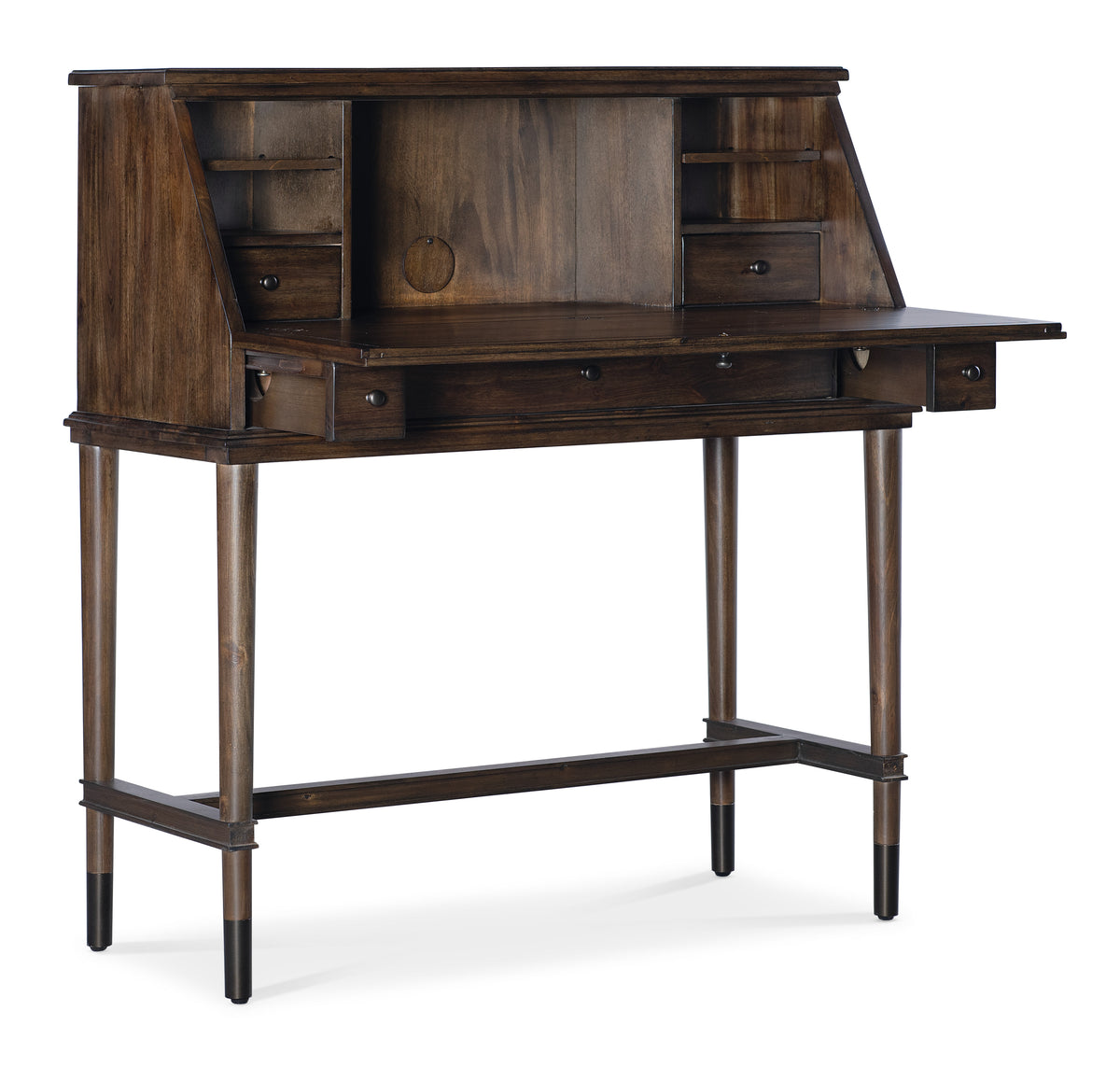a wooden desk with a shelf