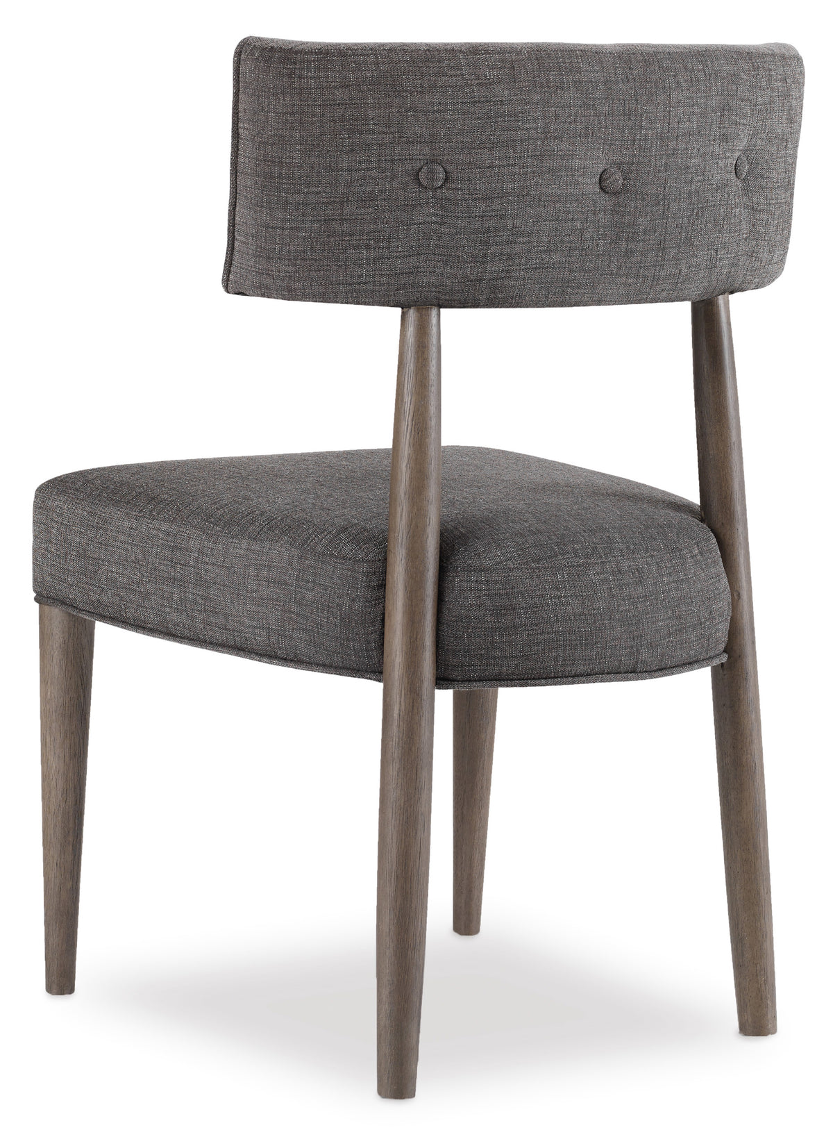 a grey chair with wooden legs