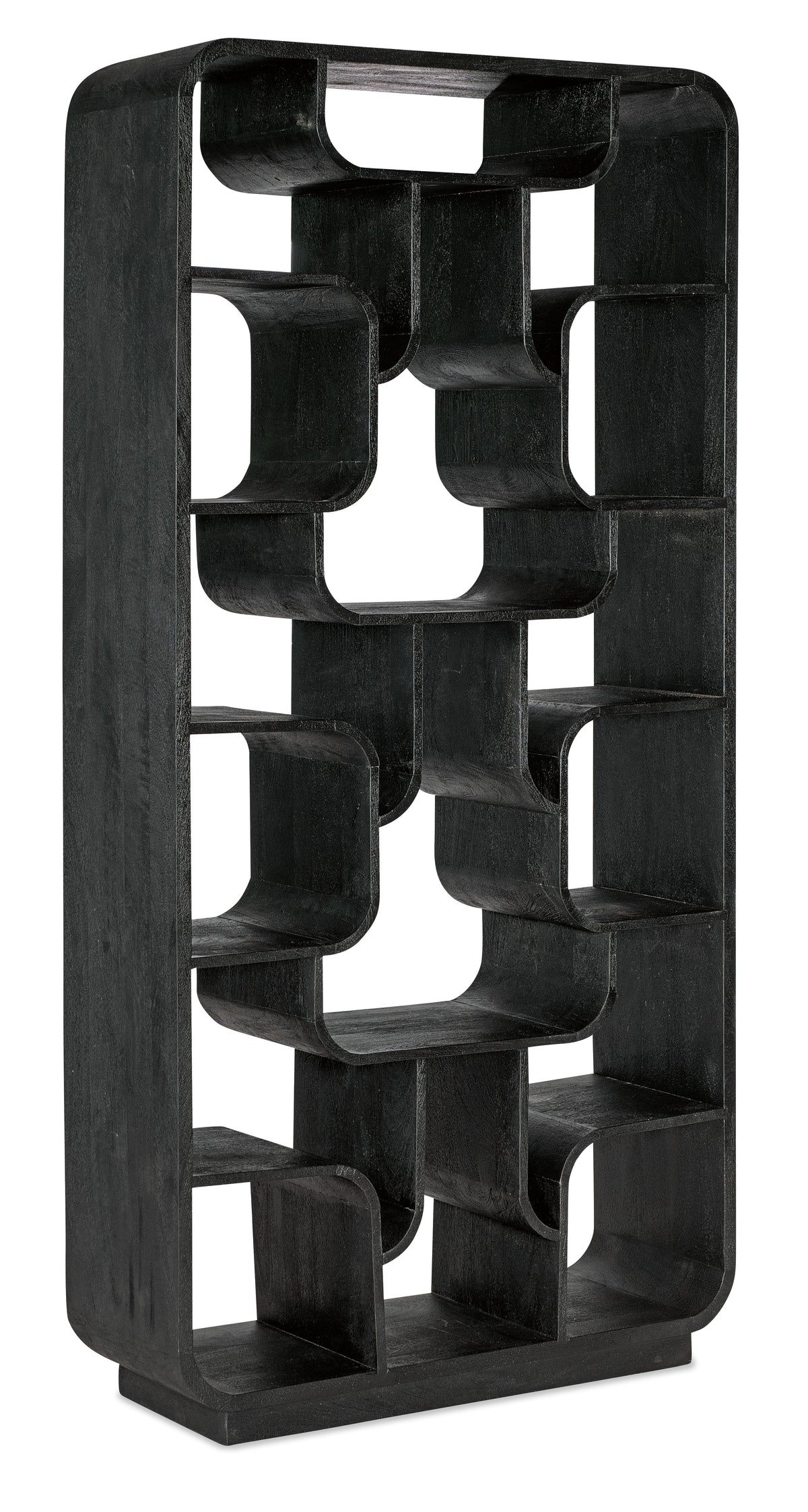 a black shelf with many shelves