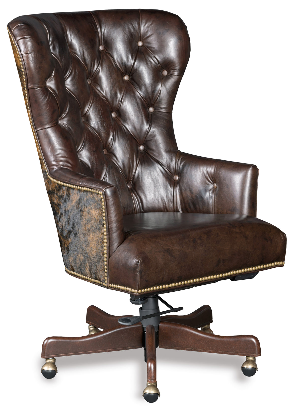 a brown leather chair with gold studs