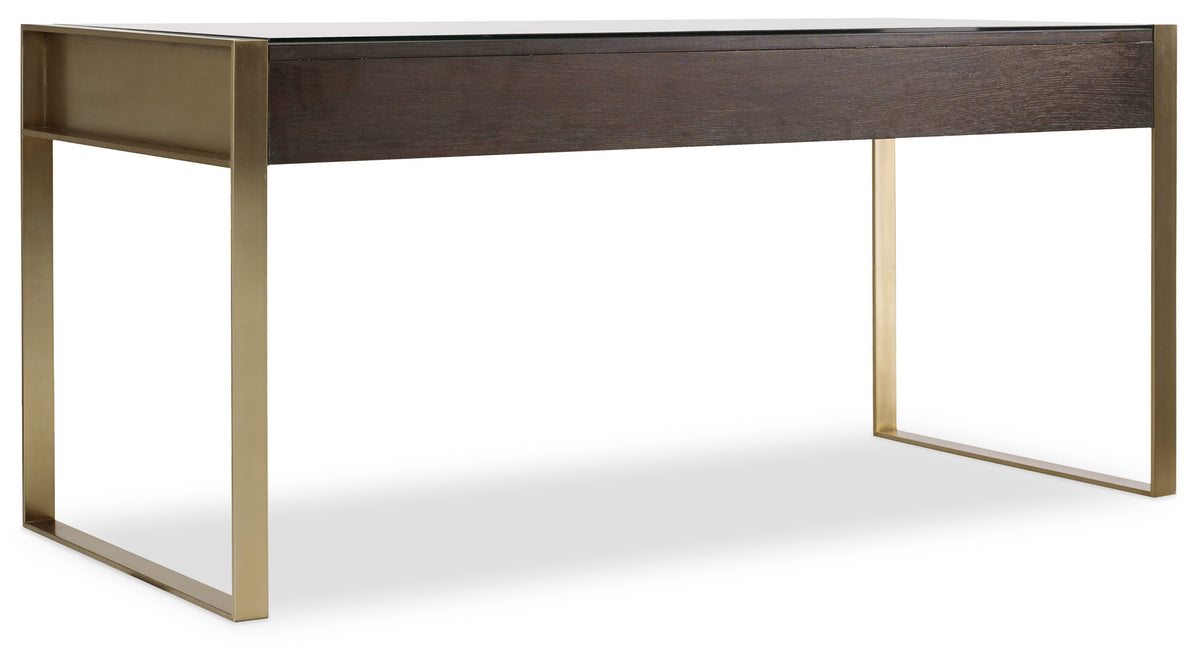 a brown table with gold legs