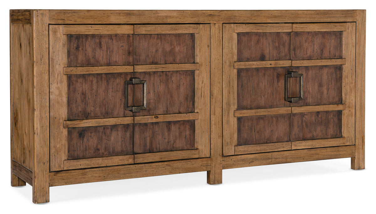 a wooden cabinet with metal handles