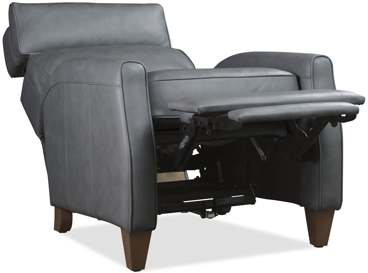 a grey leather recliner with wooden legs