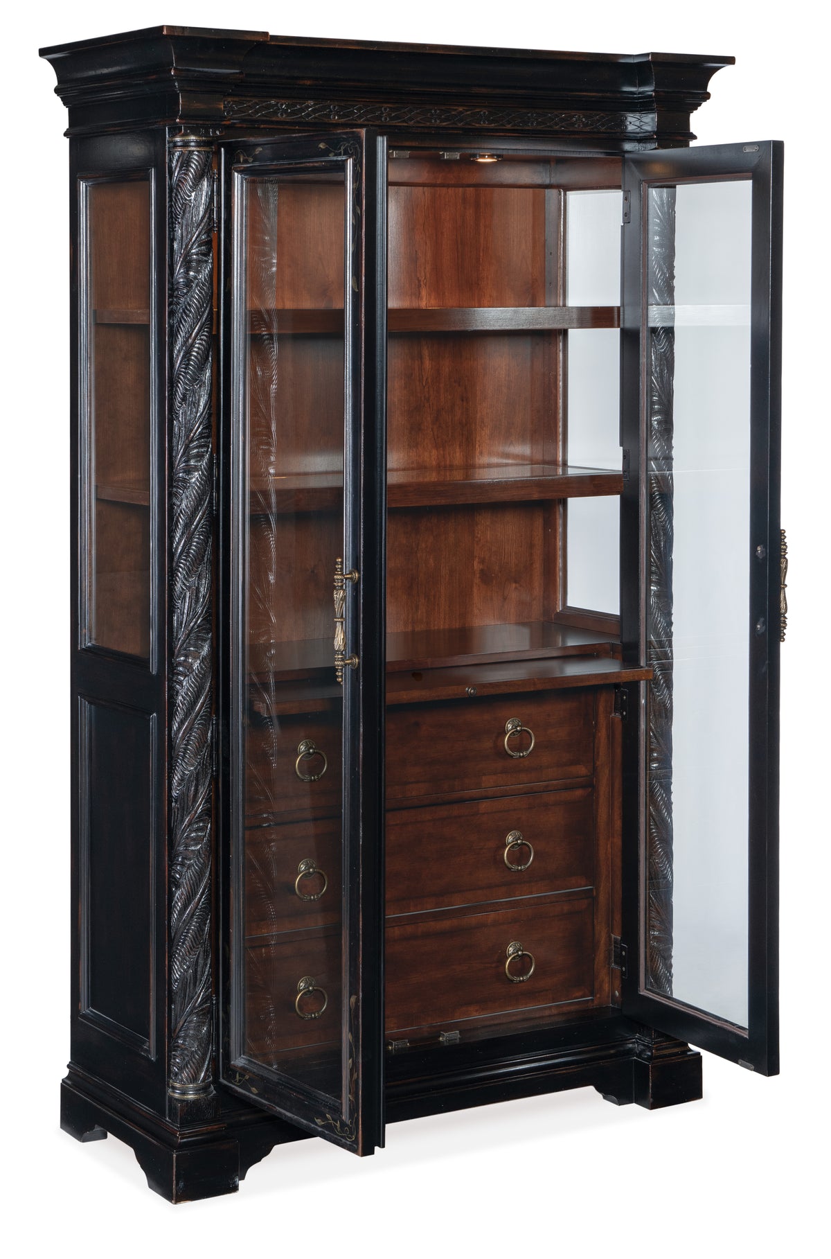 a wooden cabinet with glass doors