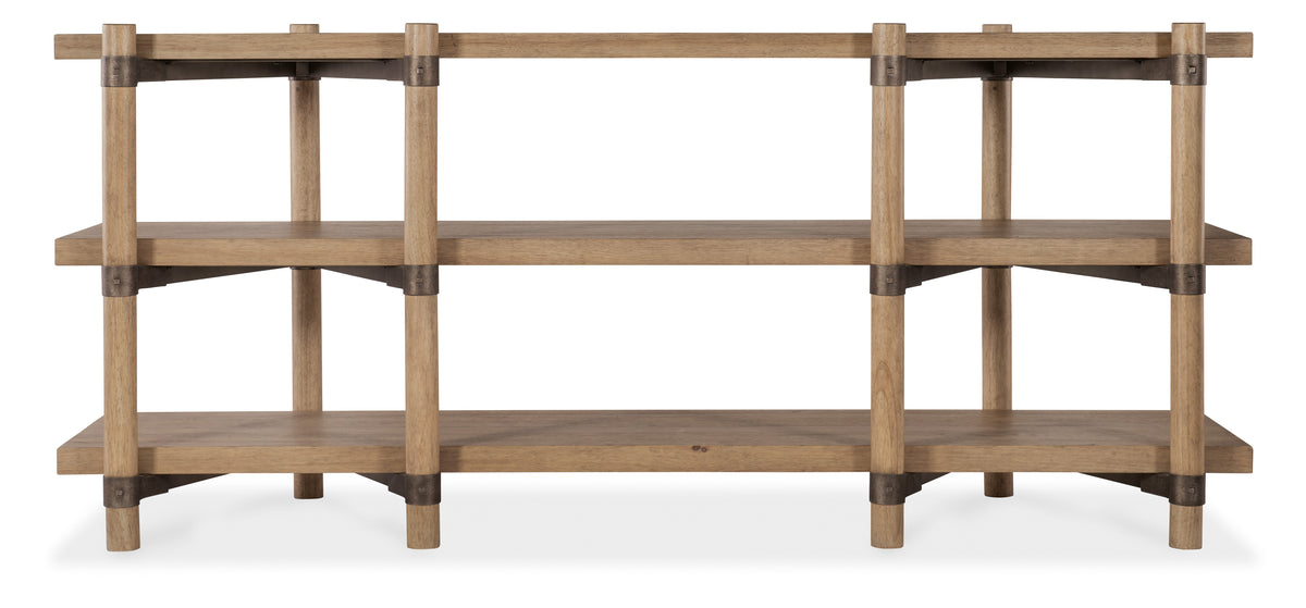 a wooden shelf with metal straps