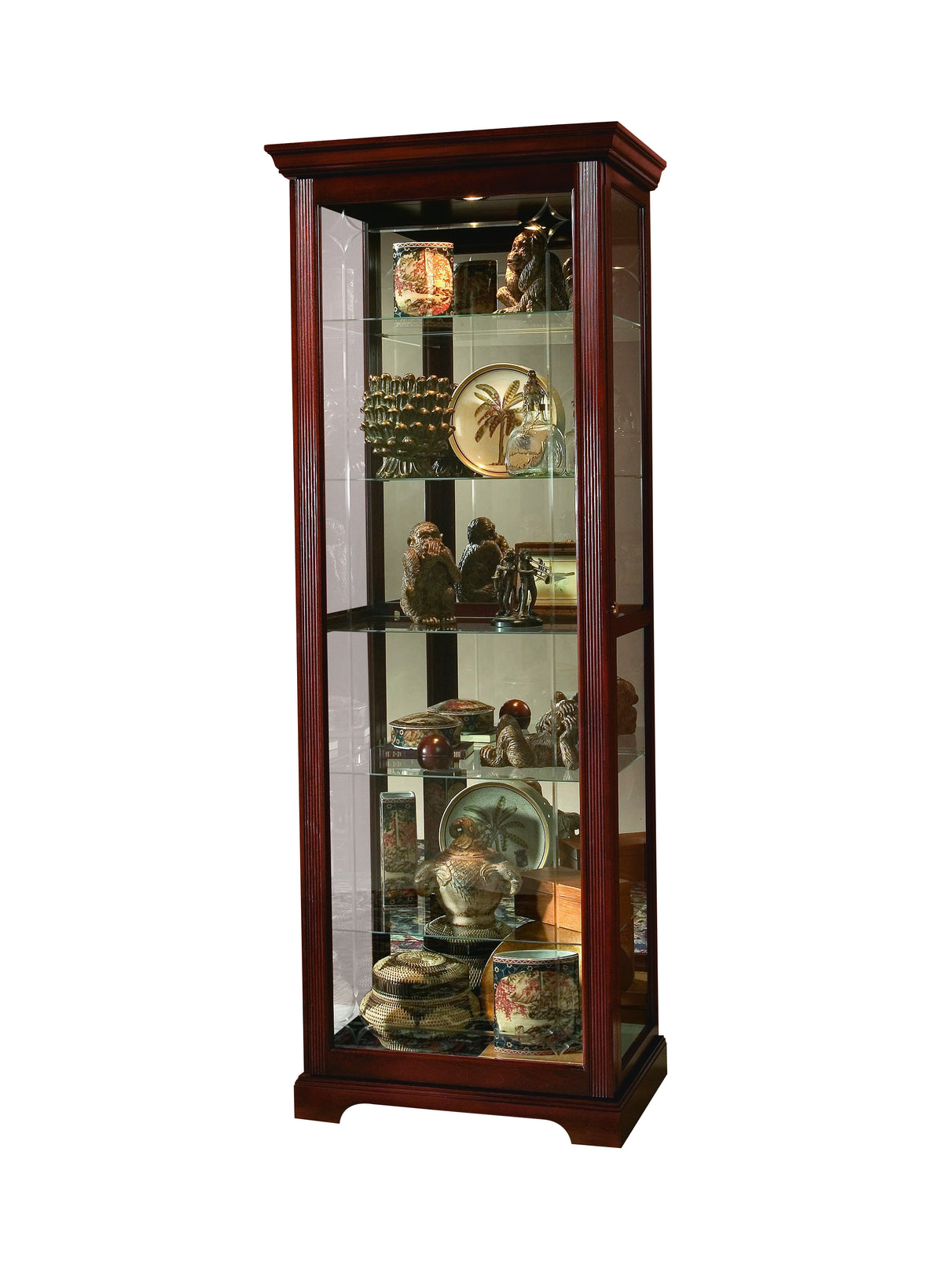 a glass cabinet with various objects on it