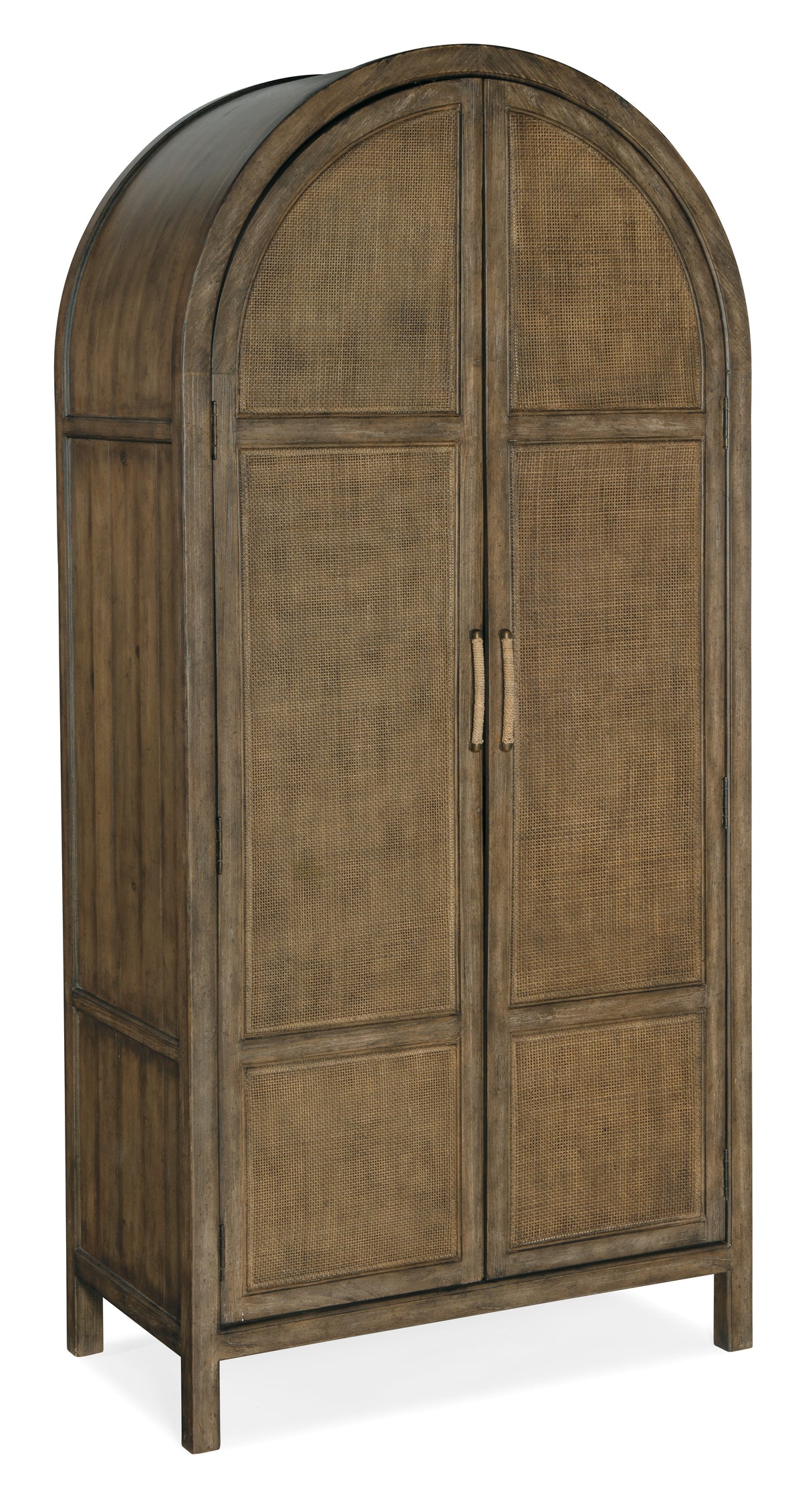 a wooden cabinet with a wicker door