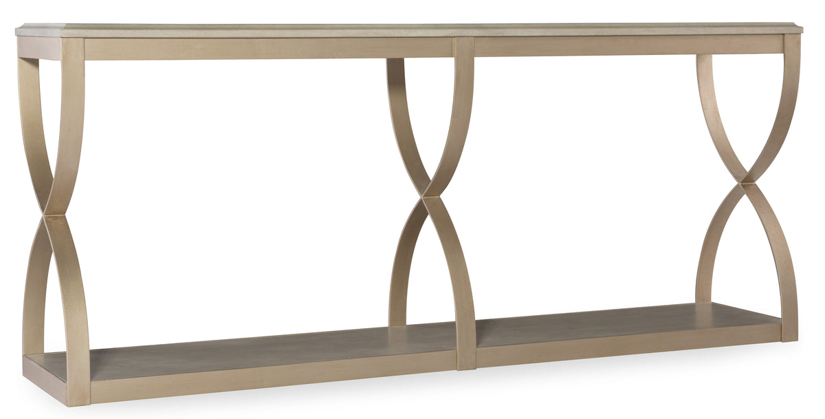 a table with a cross shaped shelf