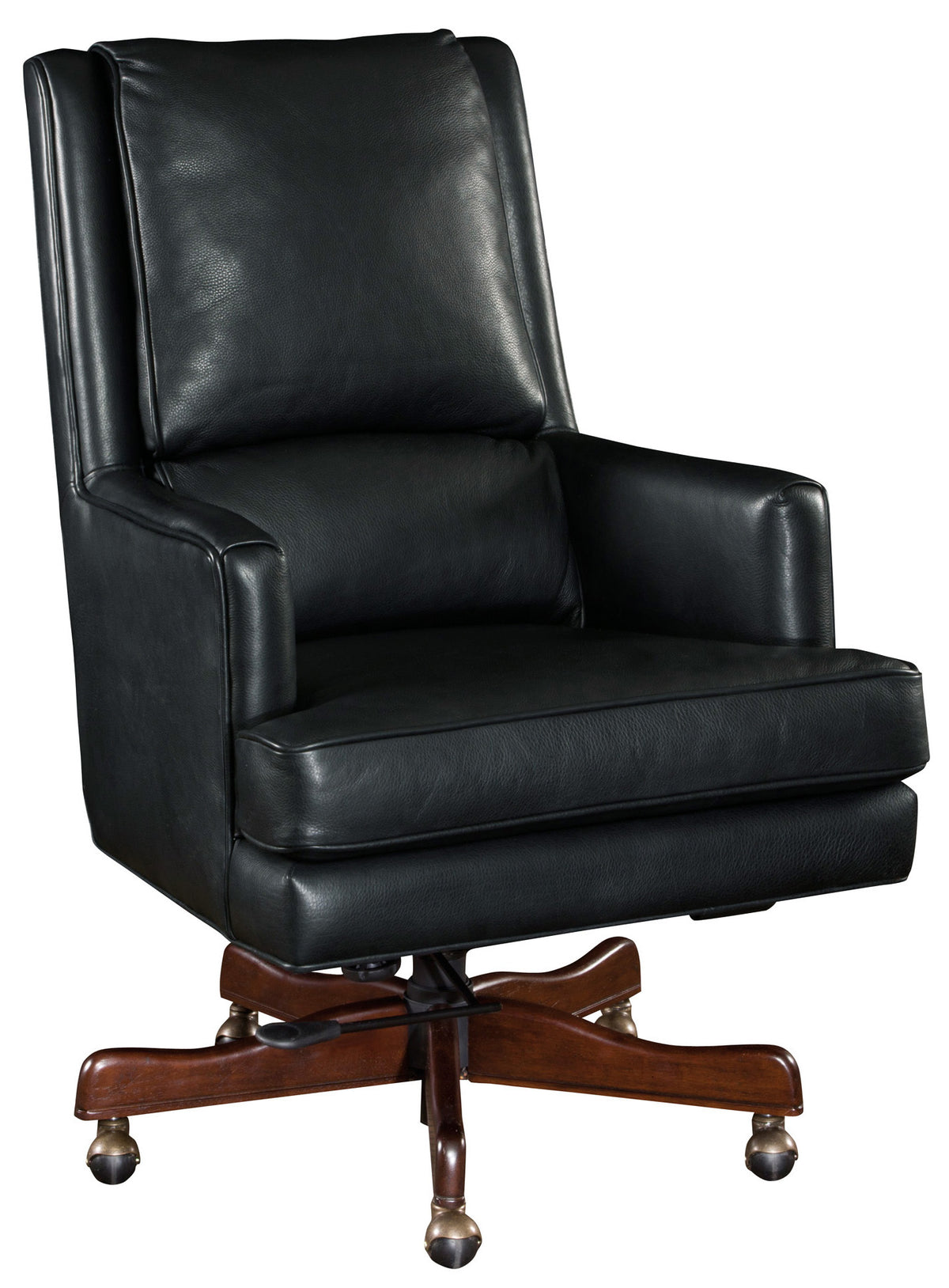 a black leather chair with wooden legs