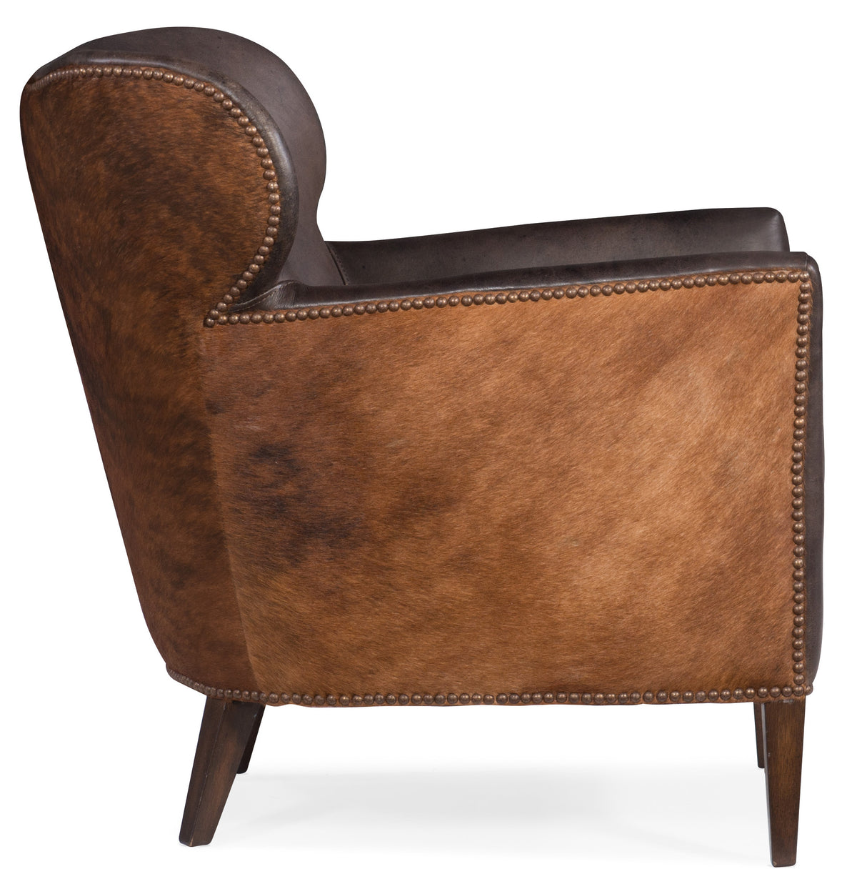 a brown leather chair with wooden legs
