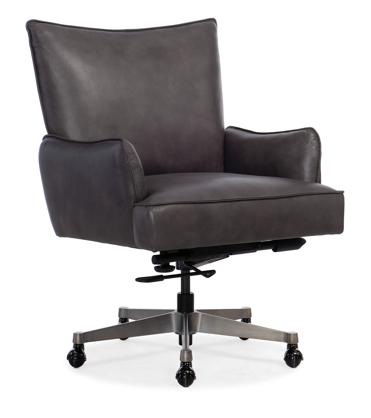 a grey office chair with wheels