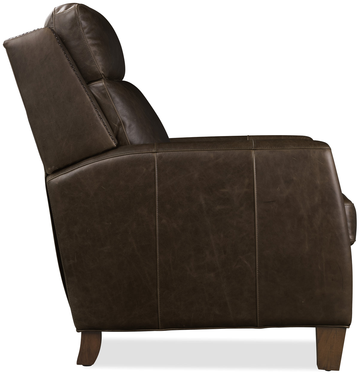 a brown leather chair with wooden legs