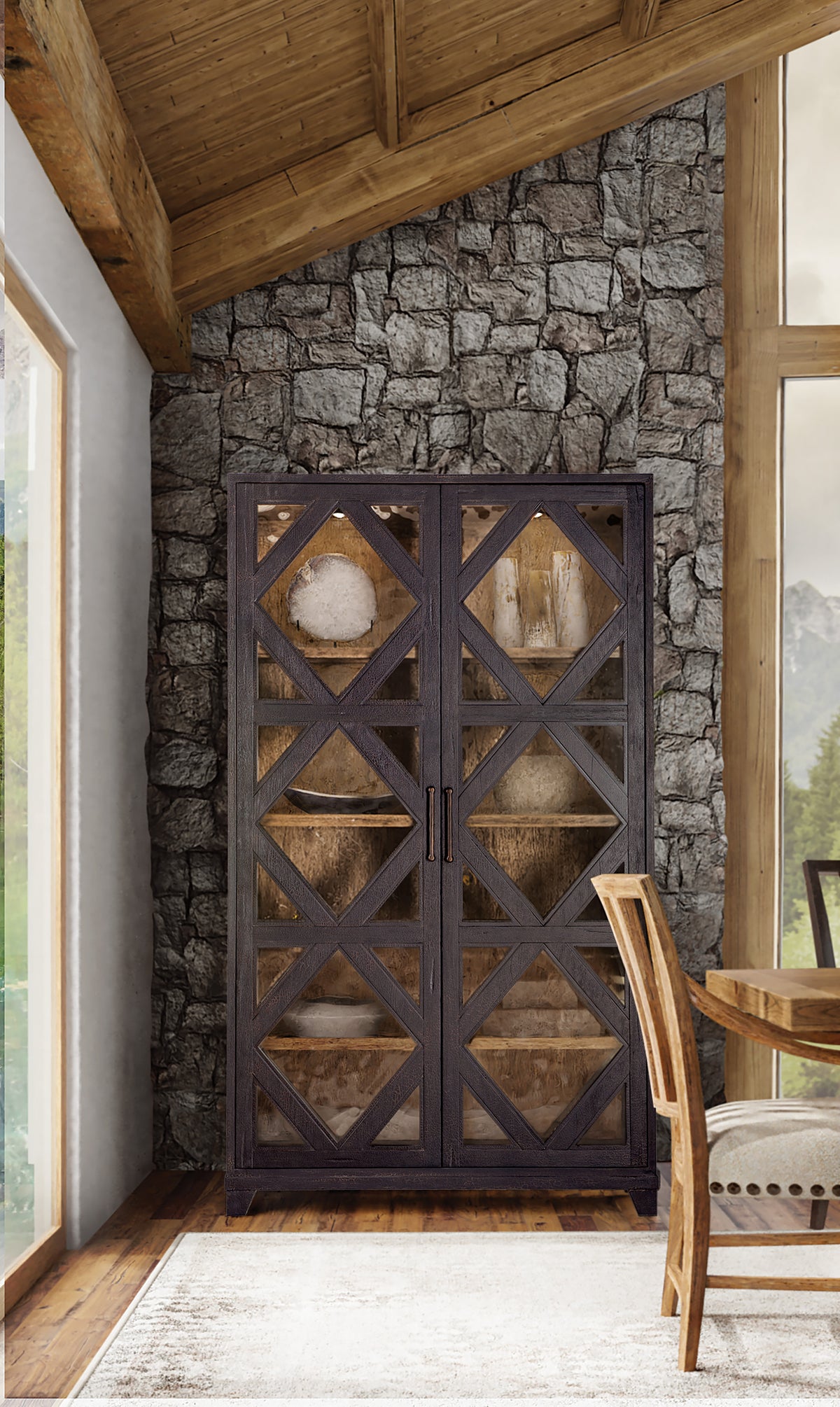 a glass cabinet with a stone wall and a table