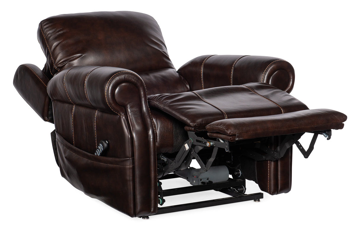 a brown leather recliner with a foot rest